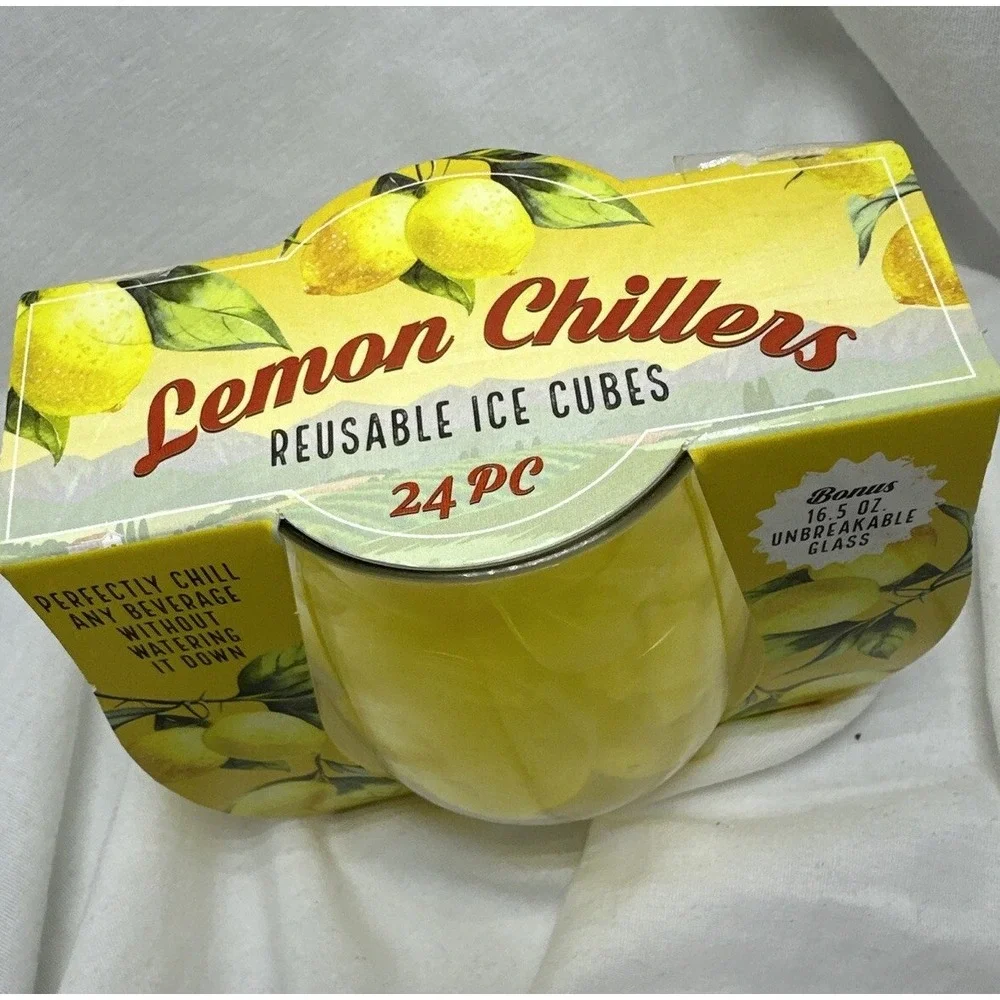 Lemon Chillers 24 PC Reusable Ice Cubes‎ Yellow Lemon Wedges & Unbreakable Glass